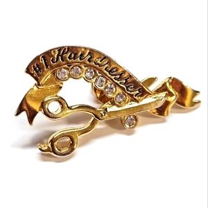 VINTAGE AVON Gold-Tone #1 HAIRDRESSER Scissors Rhinestone Brooch Pin